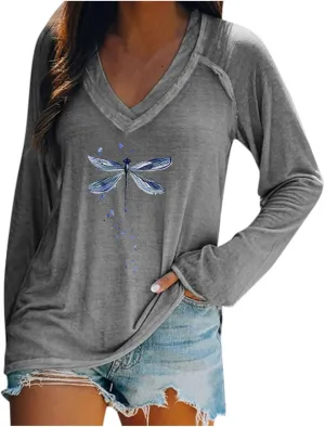Flowers Graphic Long Sleeve V Neck Tees Shirts for Women Casual Loose Fitted Tshirts Boho Wildflower Trendy Tops