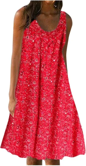Flowy Dresses for Women Summer Tank Dress Sun Dresses Sleeveless Ruched Mini Dress Vintage Floral Dress with Pockets