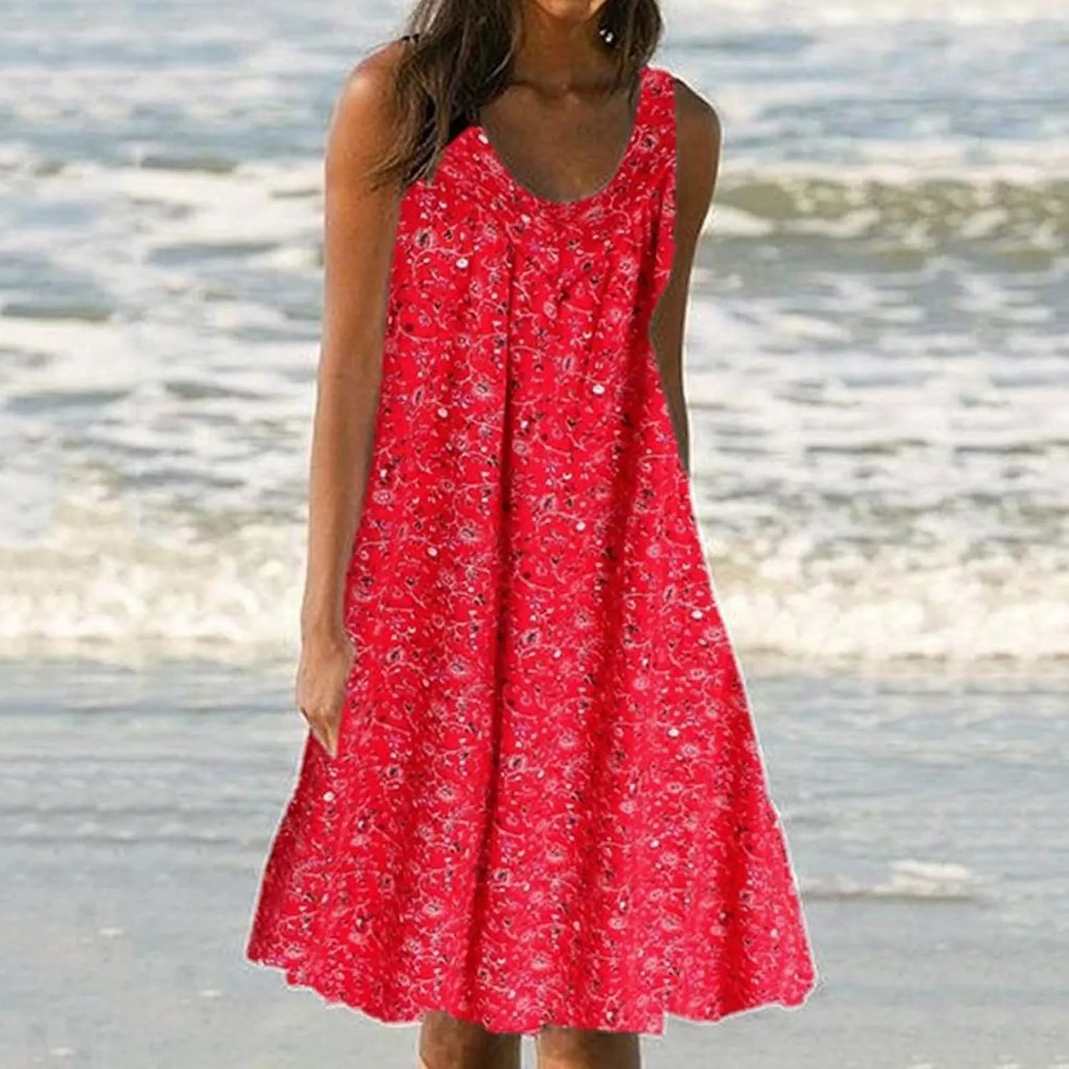 Flowy Dresses for Women Summer Tank Dress Sun Dresses Sleeveless Ruched Mini Dress Vintage Floral Dress with Pockets