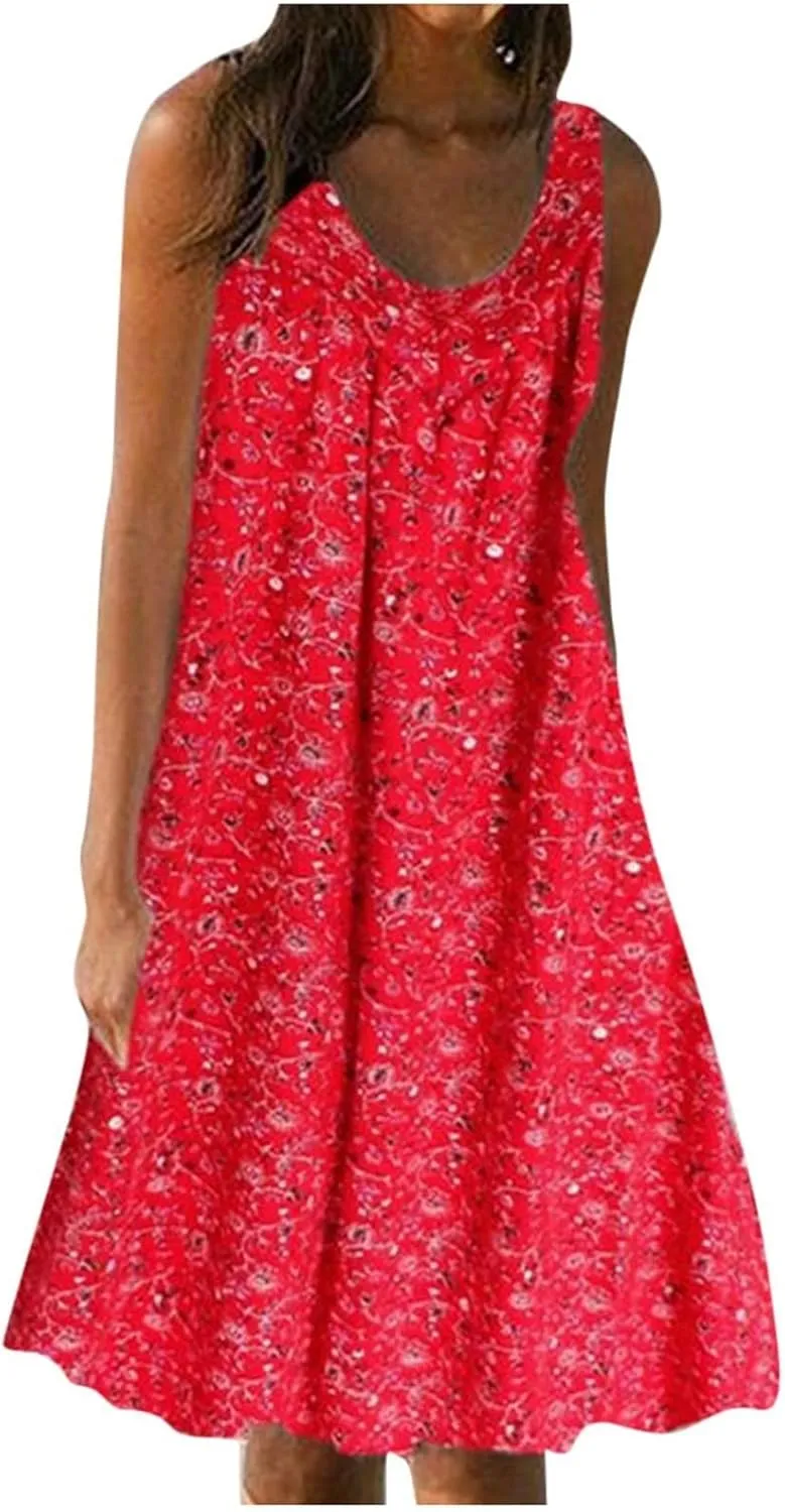 Flowy Dresses for Women Summer Tank Dress Sun Dresses Sleeveless Ruched Mini Dress Vintage Floral Dress with Pockets