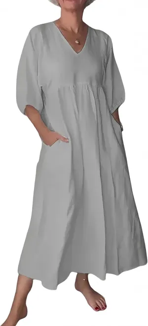 Flowy Maxi Dresses for Women Plus Size Summer Casual Dress Cotton Linen Midi Dress Beach Tshirt Sundress with Pockets