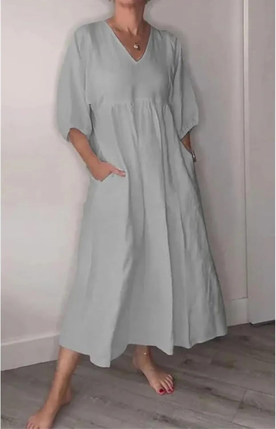 Flowy Maxi Dresses for Women Plus Size Summer Casual Dress Cotton Linen Midi Dress Beach Tshirt Sundress with Pockets