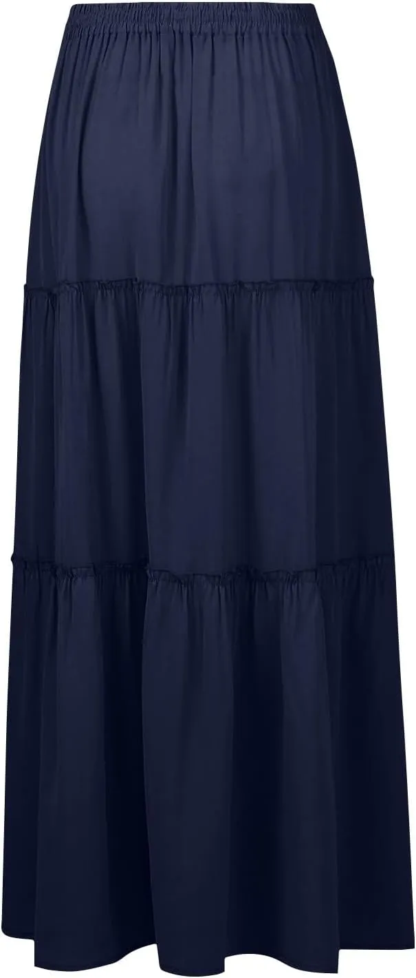 Flowy Maxi Skirts for Women High Waisted Tiered Long Skirt Ladies Soft Drawstring Casual Ruffle Skirts