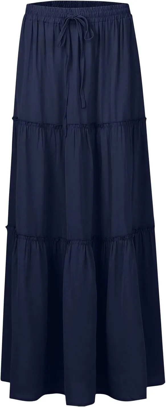 Flowy Maxi Skirts for Women High Waisted Tiered Long Skirt Ladies Soft Drawstring Casual Ruffle Skirts