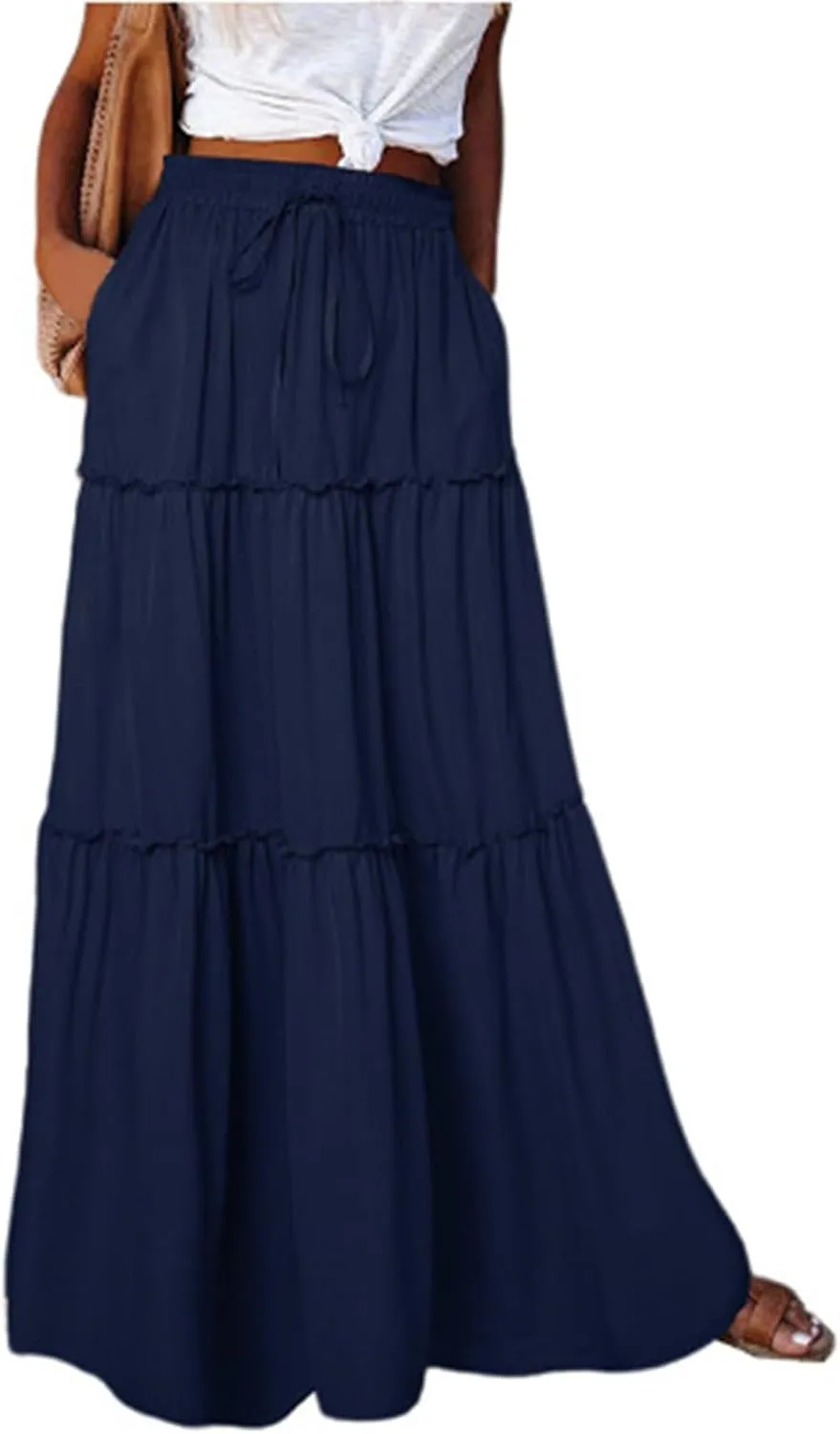 Flowy Maxi Skirts for Women High Waisted Tiered Long Skirt Ladies Soft Drawstring Casual Ruffle Skirts