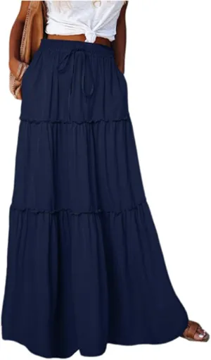 Flowy Maxi Skirts for Women High Waisted Tiered Long Skirt Ladies Soft Drawstring Casual Ruffle Skirts