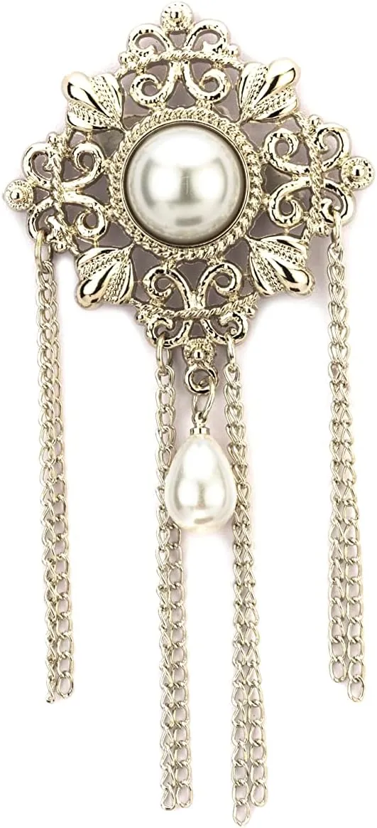 Formal Silver Abstract Brooch With Pearl Engraving Hanging Tassel Hat Pin, Lapel Pin, Cap Badge Accessories for Men