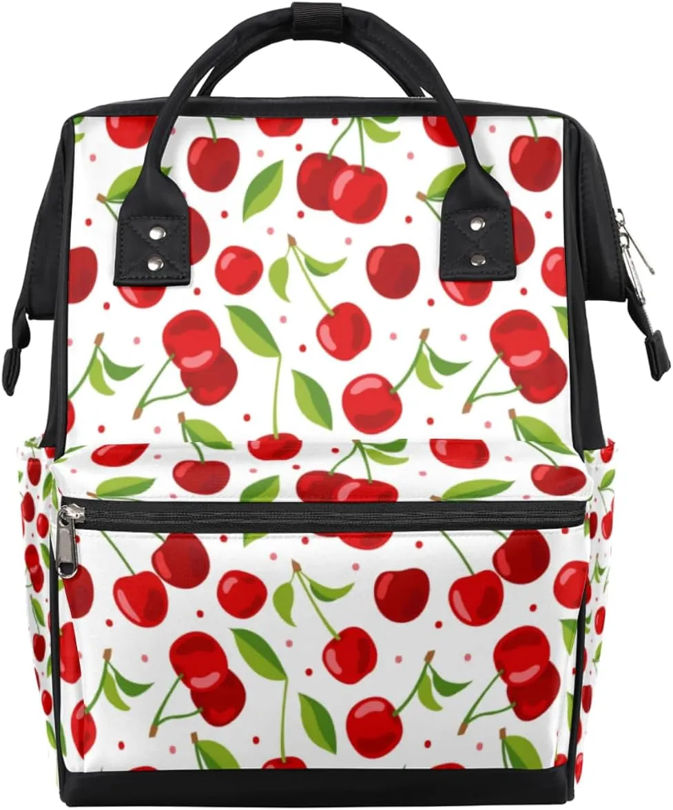 Fruit Cherry Pattern Diaper Bag Tote Large Capacity Waterproof with Adjustable Shoulder Strap and Pram Straps Mommy Bag for Hospital Beach Weekender Travel