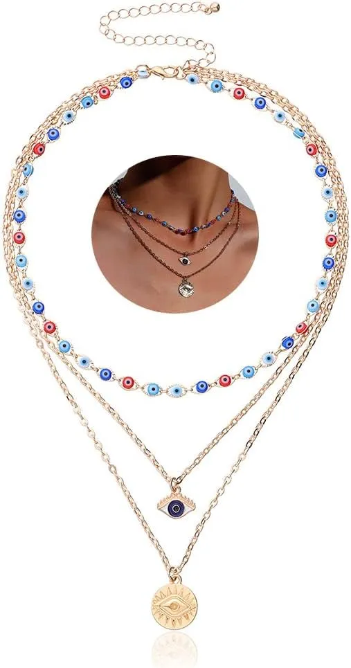 Gangel Evil Eye Necklace Blue Eye Lucky Choker layered Necklaces Gold Coin Pendant Necklaces for Women