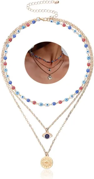 Gangel Evil Eye Necklace Blue Eye Lucky Choker layered Necklaces Gold Coin Pendant Necklaces for Women