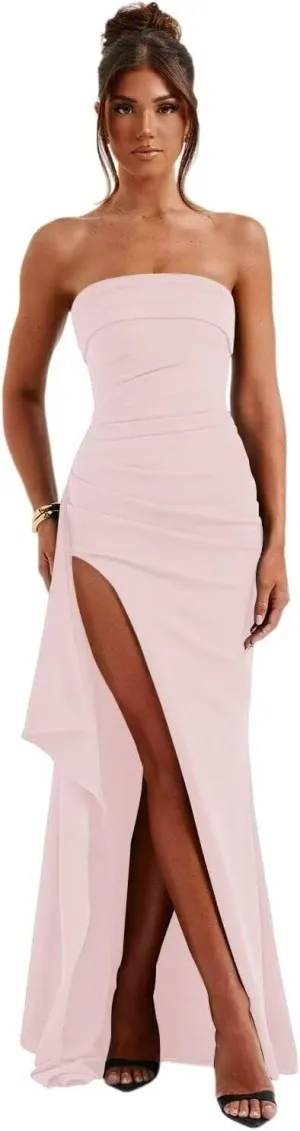 GATMAHE Strapless Chiffon Prom Dresses for Women 2025 Ruched Mermaid Corset Formal Evening Dress with Slit