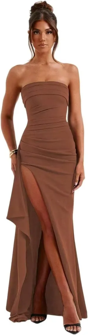 GATMAHE Strapless Chiffon Prom Dresses for Women 2025 Ruched Mermaid Corset Formal Evening Dress with Slit