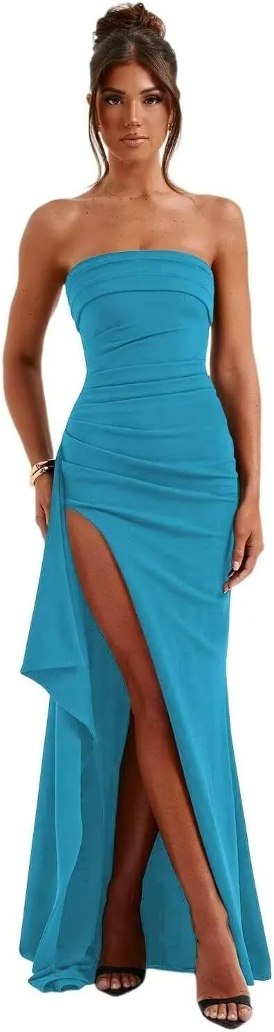 GATMAHE Strapless Chiffon Prom Dresses for Women 2025 Ruched Mermaid Corset Formal Evening Dress with Slit