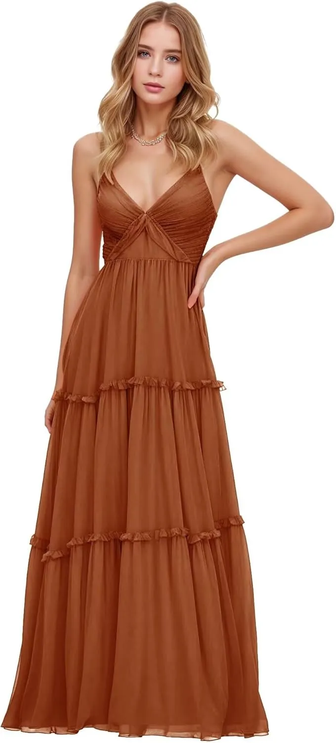 GATMAHE Tulle Ruffles Bridesmaid Dresses - Long with Slit A-Line Tulle Ruffles Tiered Skirt Spaghetti Straps Formal Gown