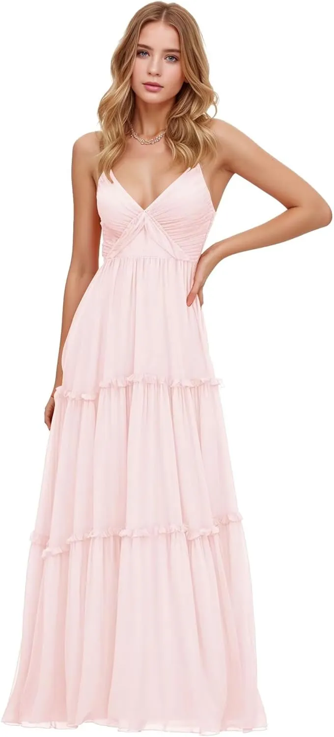 GATMAHE Tulle Ruffles Bridesmaid Dresses - Long with Slit A-Line Tulle Ruffles Tiered Skirt Spaghetti Straps Formal Gown