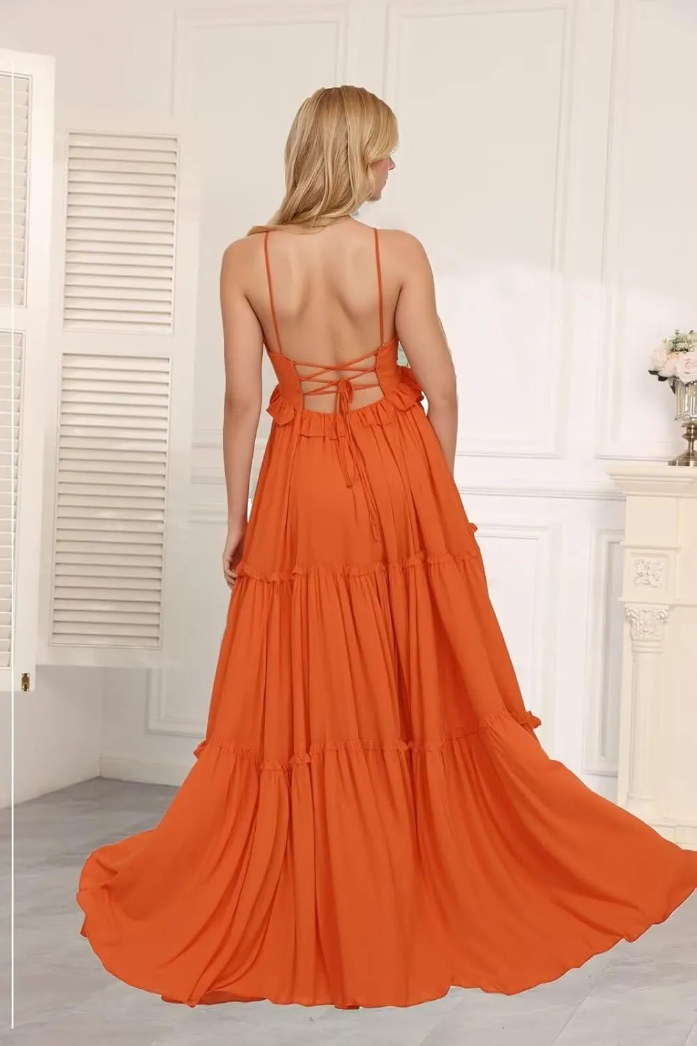 GATMAHE Tulle Ruffles Bridesmaid Dresses - Long with Slit A-Line Tulle Ruffles Tiered Skirt Spaghetti Straps Formal Gown