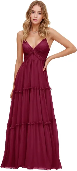 GATMAHE Tulle Ruffles Bridesmaid Dresses - Long with Slit A-Line Tulle Ruffles Tiered Skirt Spaghetti Straps Formal Gown