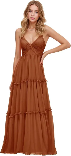GATMAHE Tulle Ruffles Bridesmaid Dresses - Long with Slit A-Line Tulle Ruffles Tiered Skirt Spaghetti Straps Formal Gown