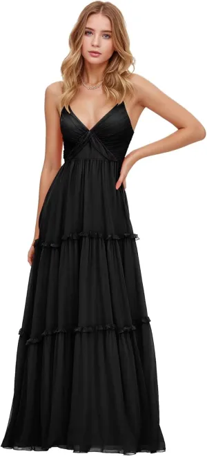 GATMAHE Tulle Ruffles Bridesmaid Dresses - Long with Slit A-Line Tulle Ruffles Tiered Skirt Spaghetti Straps Formal Gown