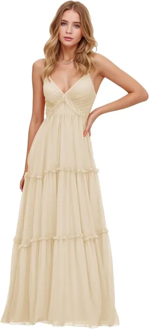 GATMAHE Tulle Ruffles Bridesmaid Dresses - Long with Slit A-Line Tulle Ruffles Tiered Skirt Spaghetti Straps Formal Gown