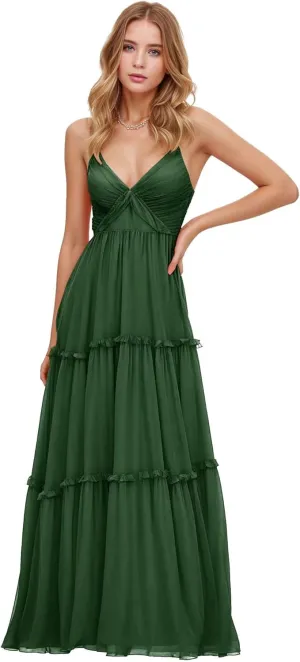 GATMAHE Tulle Ruffles Bridesmaid Dresses - Long with Slit A-Line Tulle Ruffles Tiered Skirt Spaghetti Straps Formal Gown