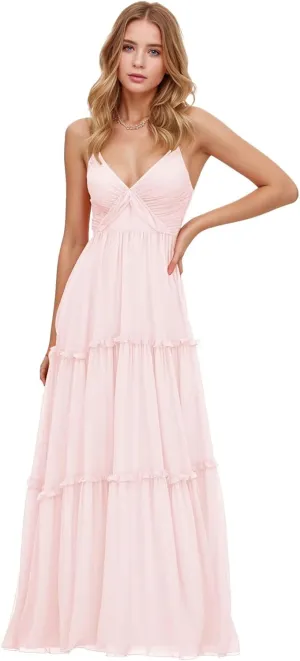 GATMAHE Tulle Ruffles Bridesmaid Dresses - Long with Slit A-Line Tulle Ruffles Tiered Skirt Spaghetti Straps Formal Gown