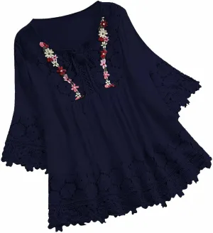 Gauze Linen Shirts for Women Summer Lace Boho Tops 3/4 Length Sleeve Beach Top Blouse Sexy V Neck Embroidered Tshirts