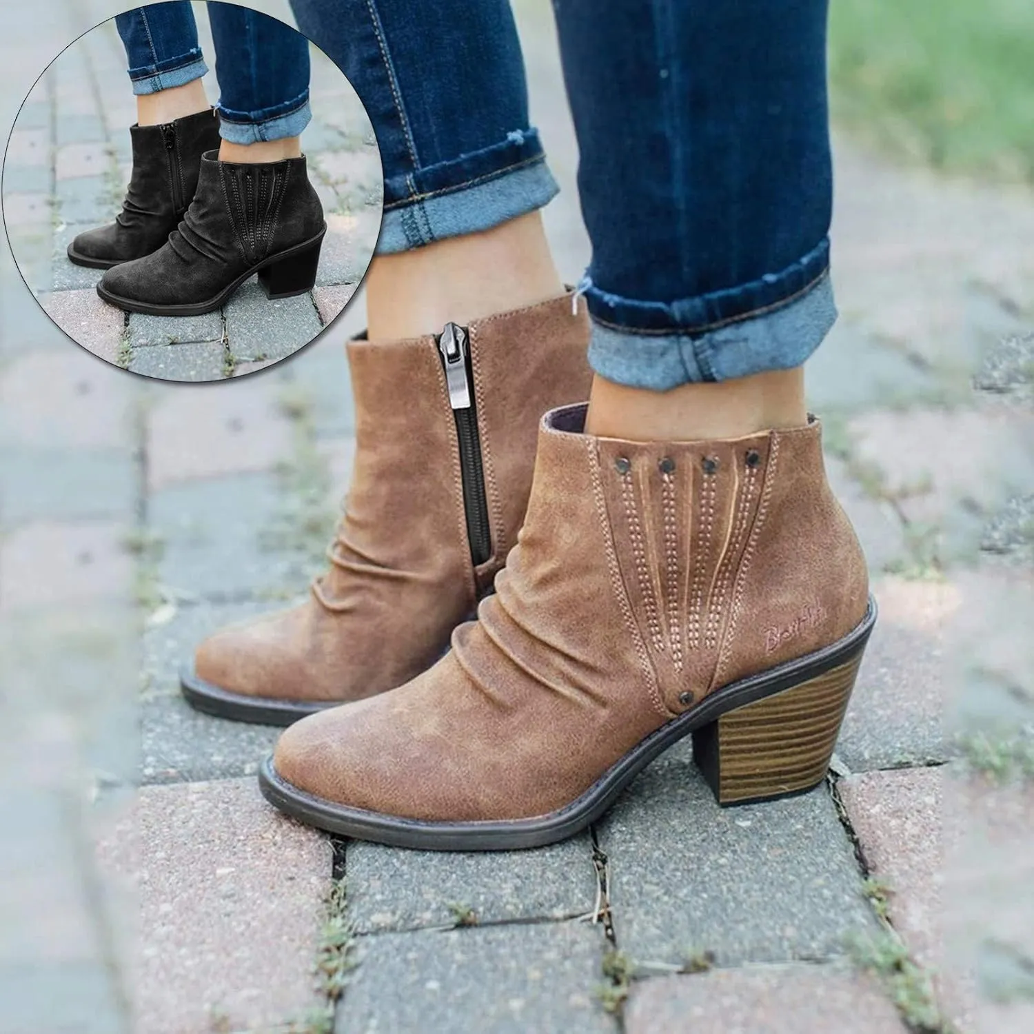 Gibobby Boots for Women Low Heel,Retro Side Zip Short Warm Boots Closed Toe Low Heel Combat Western Shoes