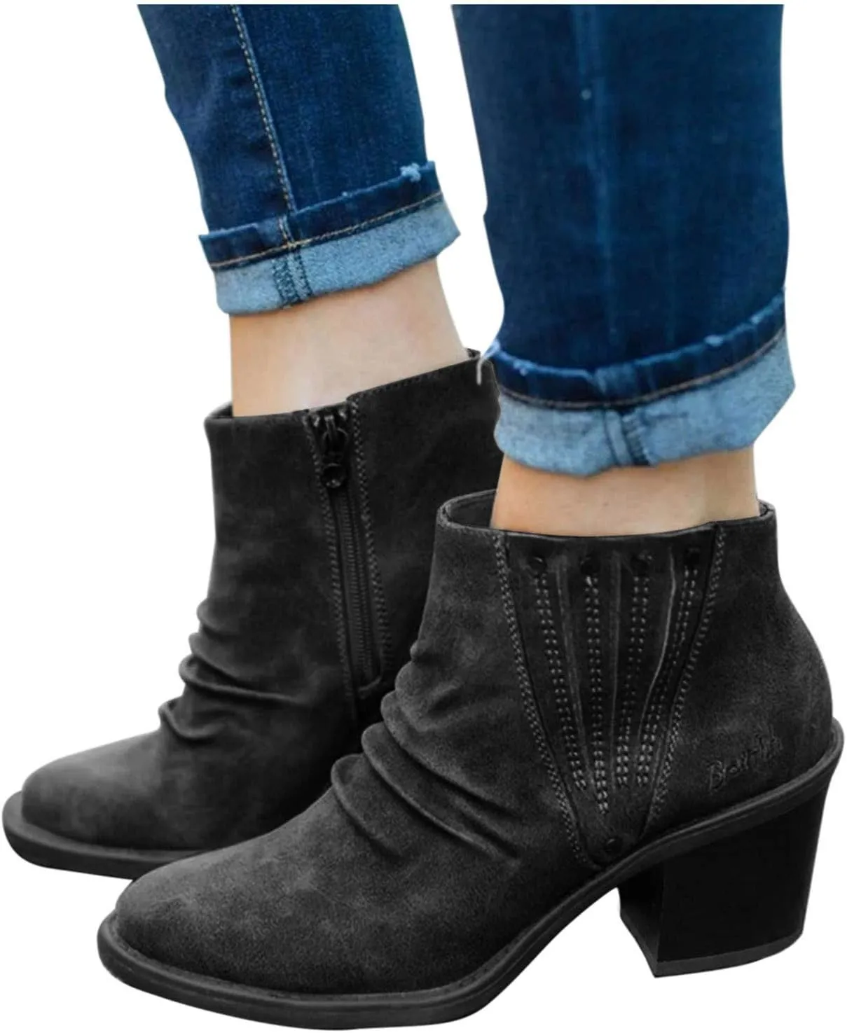 Gibobby Boots for Women Low Heel,Retro Side Zip Short Warm Boots Closed Toe Low Heel Combat Western Shoes