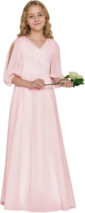 Girls V Neck Junior Bridesmaid Dress for Wedding Chiffon Flower Girl Wedding Party Dresses for Teen