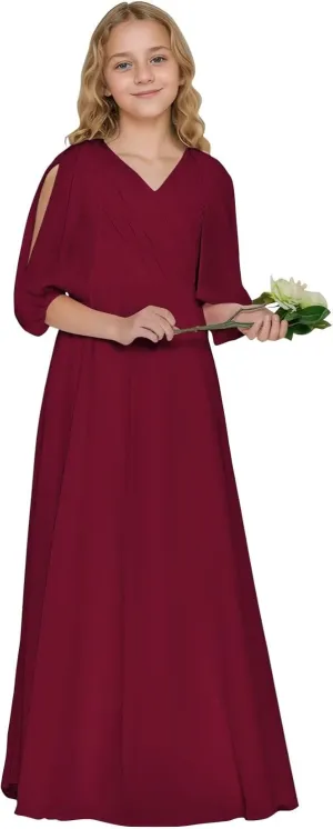 Girls V Neck Junior Bridesmaid Dress for Wedding Chiffon Flower Girl Wedding Party Dresses for Teen