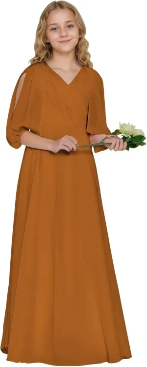 Girls V Neck Junior Bridesmaid Dress for Wedding Chiffon Flower Girl Wedding Party Dresses for Teen