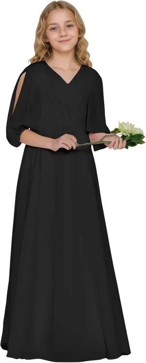 Girls V Neck Junior Bridesmaid Dress for Wedding Chiffon Flower Girl Wedding Party Dresses for Teen