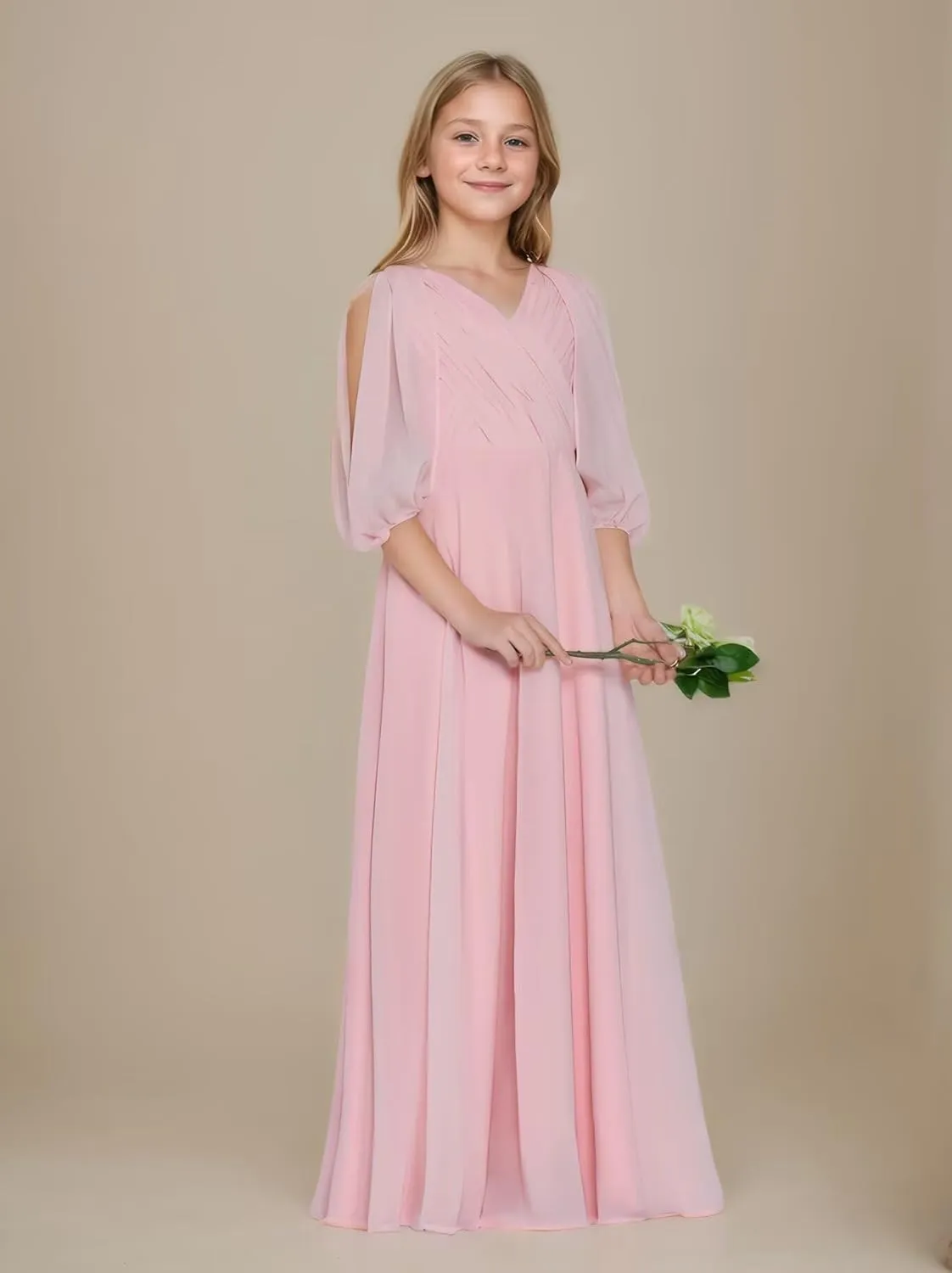 Girls V Neck Junior Bridesmaid Dress for Wedding Chiffon Flower Girl Wedding Party Dresses for Teen