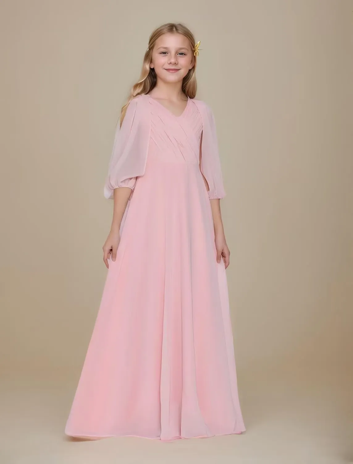 Girls V Neck Junior Bridesmaid Dress for Wedding Chiffon Flower Girl Wedding Party Dresses for Teen