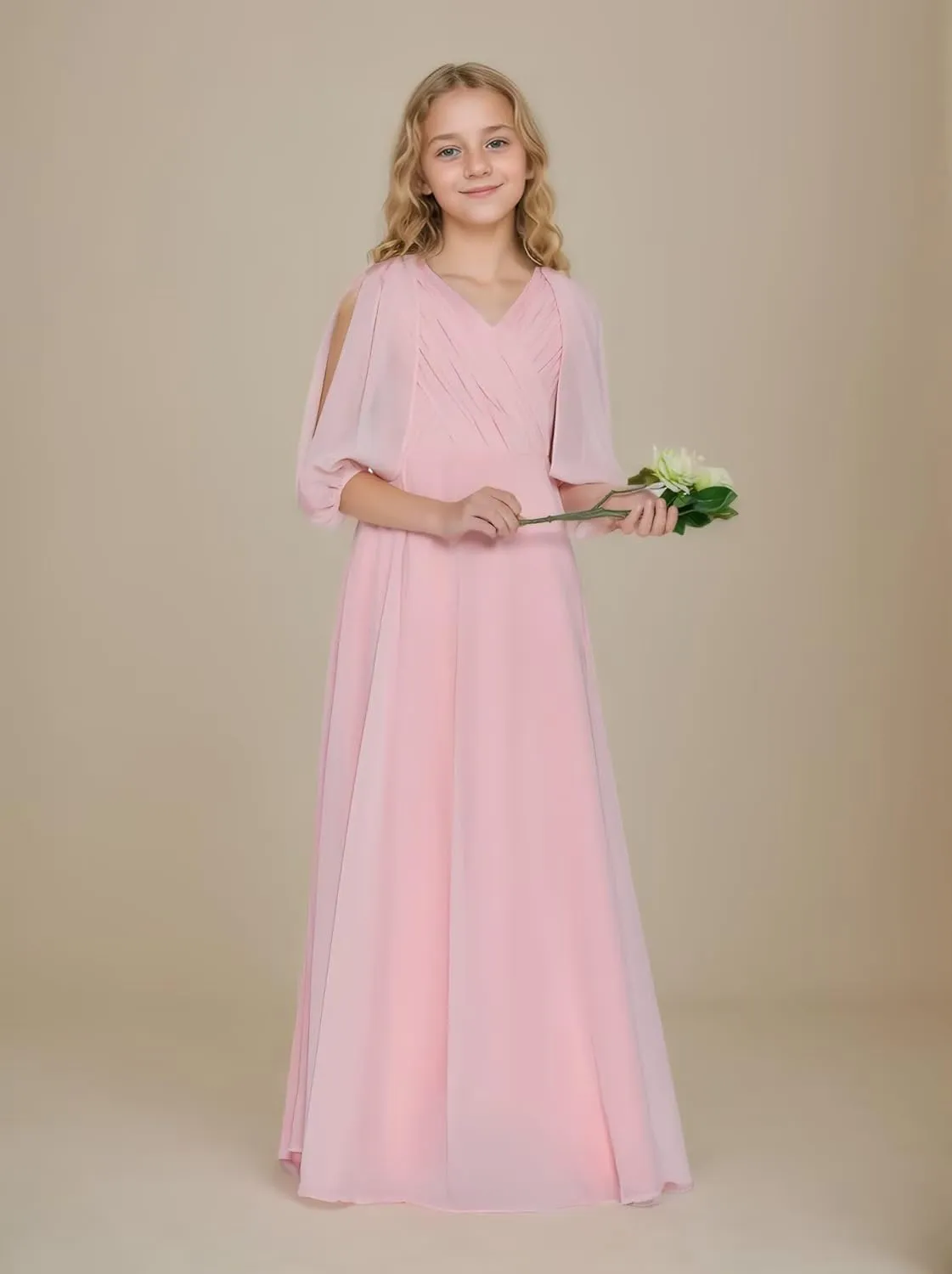 Girls V Neck Junior Bridesmaid Dress for Wedding Chiffon Flower Girl Wedding Party Dresses for Teen