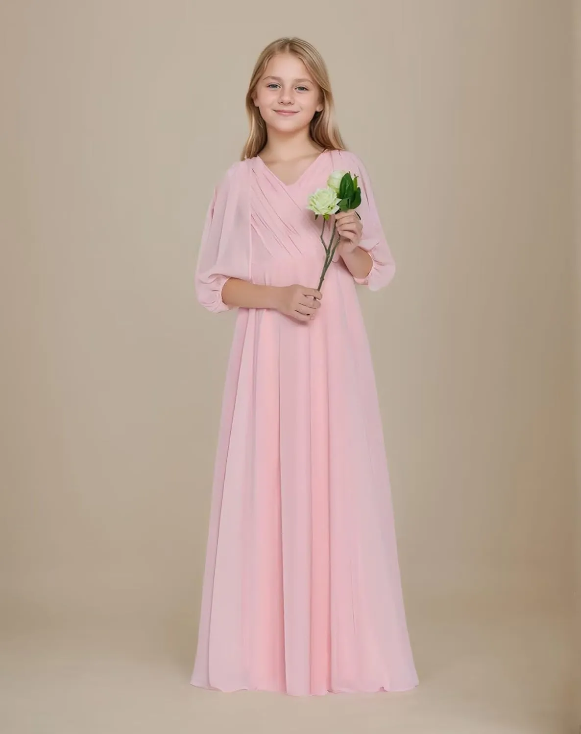 Girls V Neck Junior Bridesmaid Dress for Wedding Chiffon Flower Girl Wedding Party Dresses for Teen