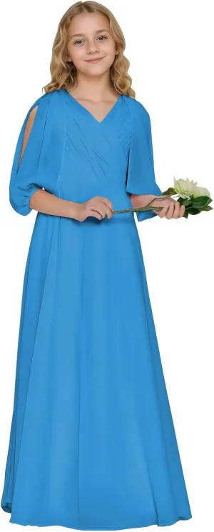 Girls V Neck Junior Bridesmaid Dress for Wedding Chiffon Flower Girl Wedding Party Dresses for Teen