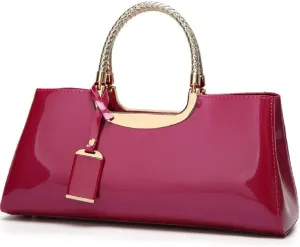 Glossy Women Handbag Faux Patent Leather Top-Handle Bag Structured Shoulder Bag Tote Evening Purse Party Satchel