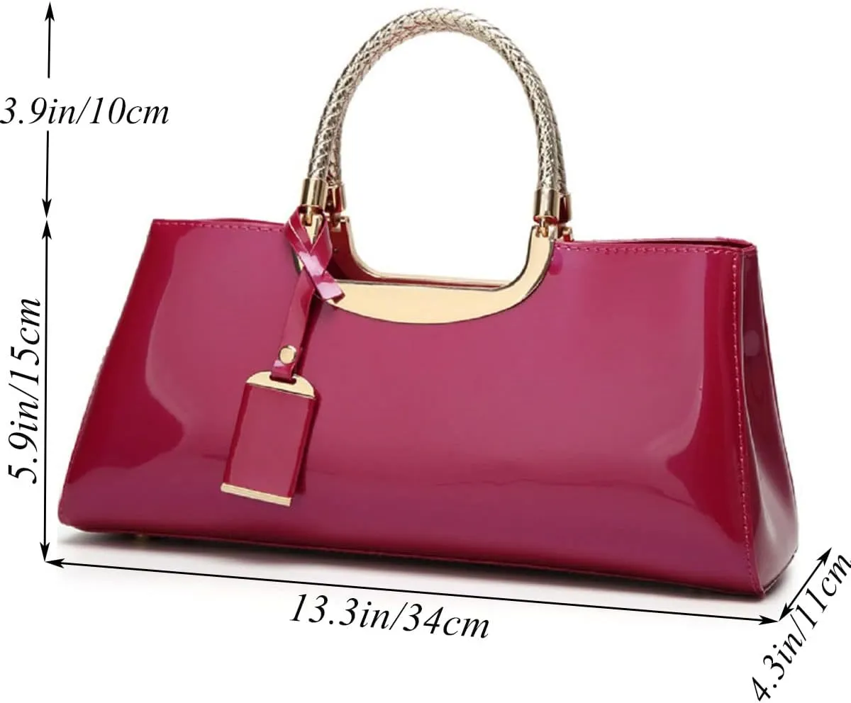 Glossy Women Handbag Faux Patent Leather Top-Handle Bag Structured Shoulder Bag Tote Evening Purse Party Satchel