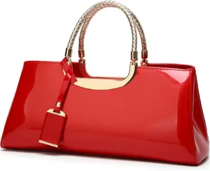Glossy Women Handbag Faux Patent Leather Top-Handle Bag Structured Shoulder Bag Tote Evening Purse Party Satchel