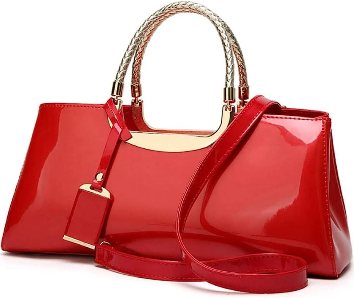 Glossy Women Handbag Faux Patent Leather Top-Handle Bag Structured Shoulder Bag Tote Evening Purse Party Satchel