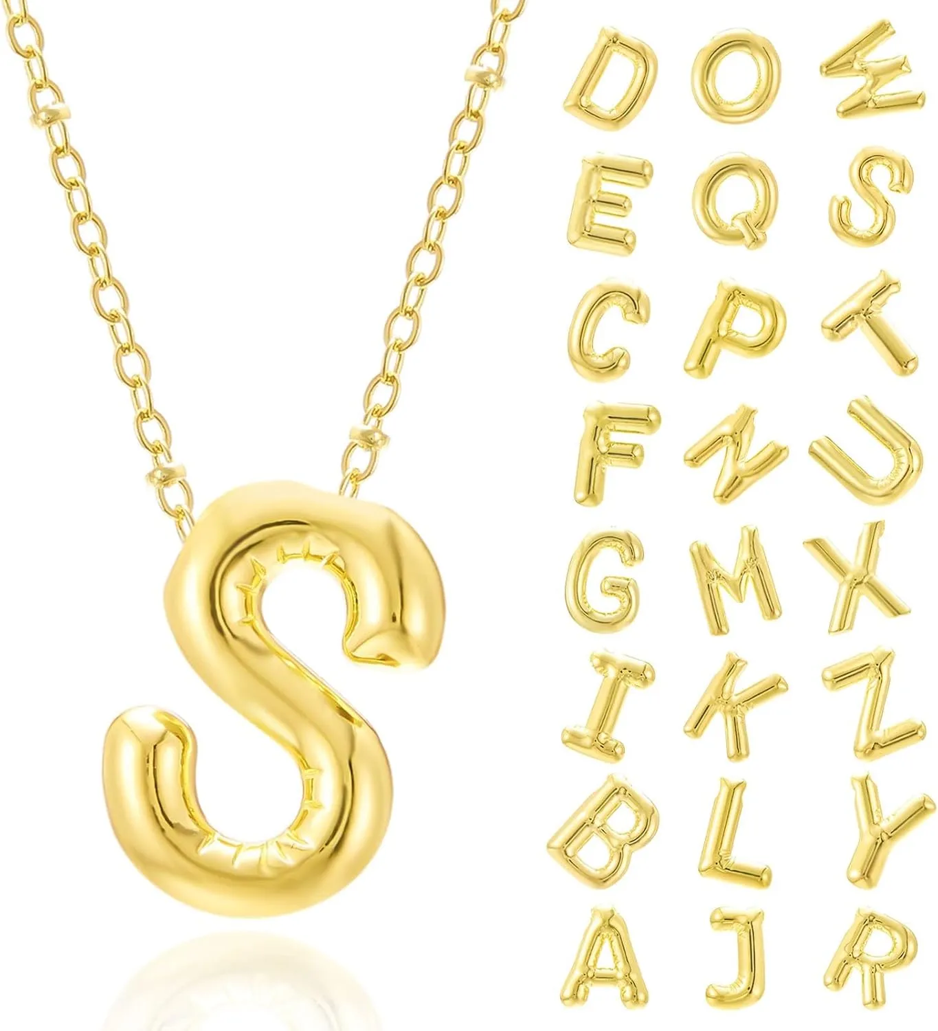 Gold Bubble Necklace for Women, Cute Initial Bubble Letter Necklaces, Dainty Gold Letter Name Necklace Pendant, Trendy Alphabet Chunky Pendant Personalized Womens Jewelry Valentines Gifts