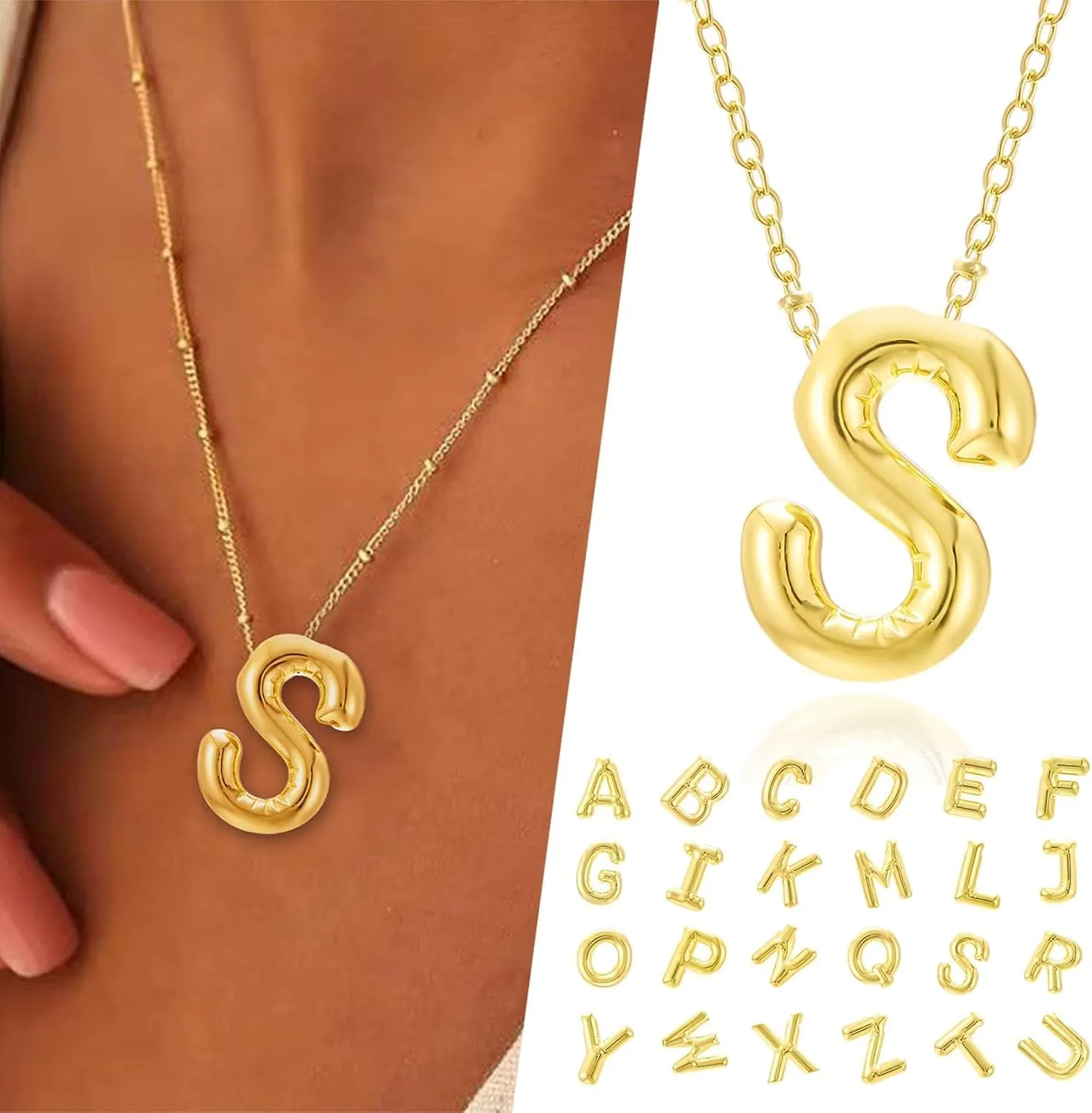 Gold Bubble Necklace for Women, Cute Initial Bubble Letter Necklaces, Dainty Gold Letter Name Necklace Pendant, Trendy Alphabet Chunky Pendant Personalized Womens Jewelry Valentines Gifts