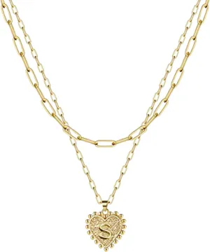 Gold Initial Layered Necklaces for Women Personalized Two Layered Paperclip Link Chain Choker Necklaces (Gold S)