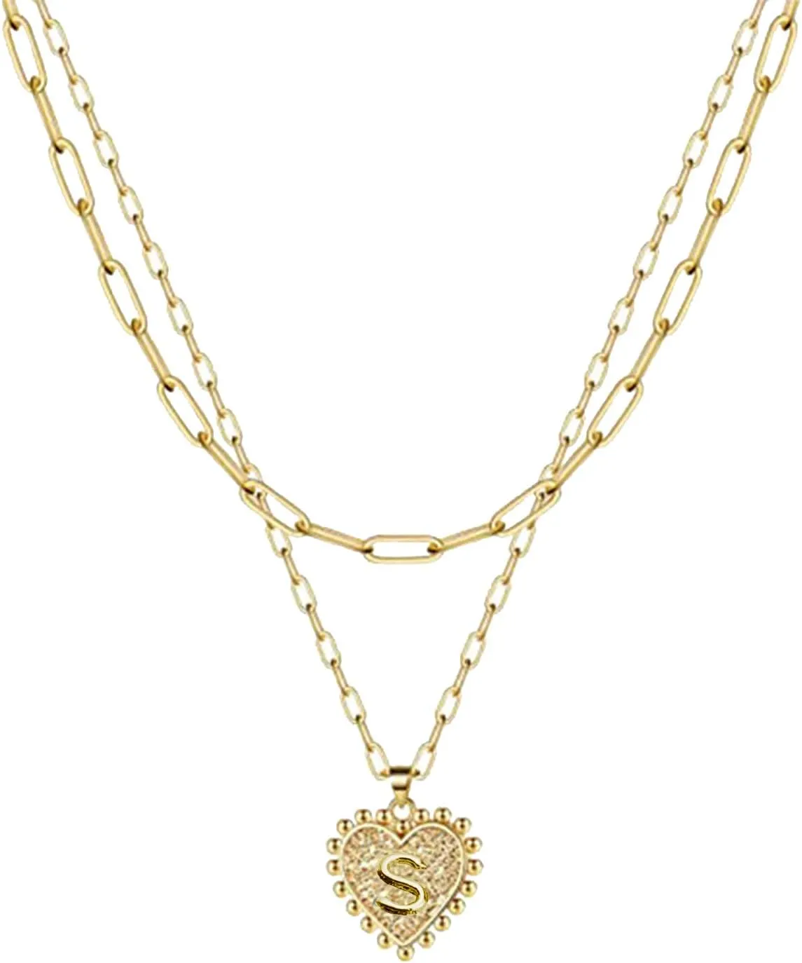 Gold Initial Layered Necklaces for Women Personalized Two Layered Paperclip Link Chain Choker Necklaces (Gold S)