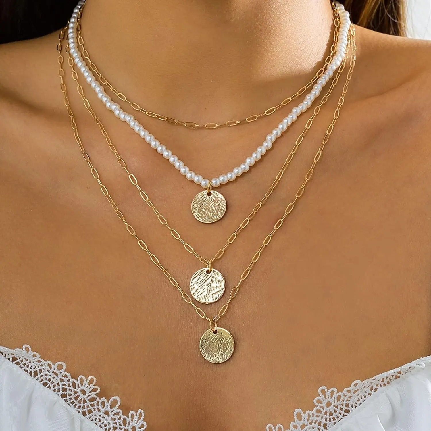Gold Necklaces,Gold Plated Necklace for Womens 4-Layer Chain with Round Womens Chain Necklaces Gold