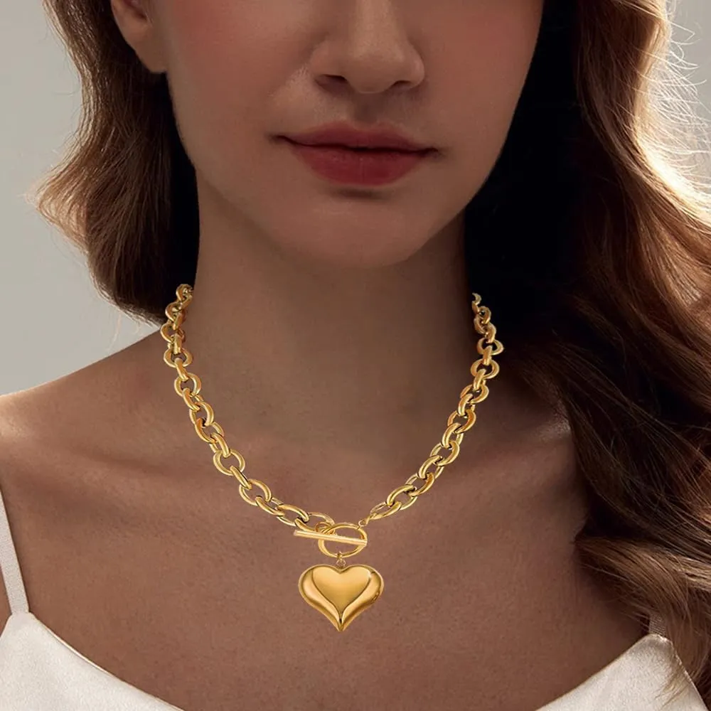 Gold Puffy Heart Necklace 16in/18in Chunky Heart Necklaces for Women Trendy 14K Golden Toggle Necklaces