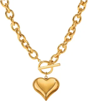 Gold Puffy Heart Necklace 16in/18in Chunky Heart Necklaces for Women Trendy 14K Golden Toggle Necklaces