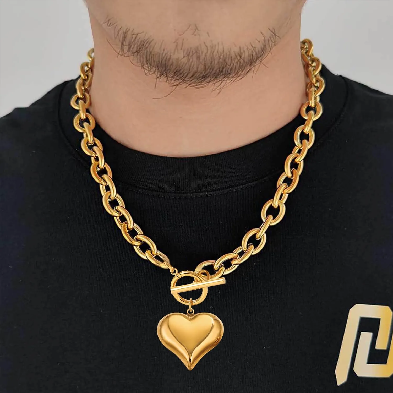 Gold Puffy Heart Necklace 16in/18in Chunky Heart Necklaces for Women Trendy 14K Golden Toggle Necklaces